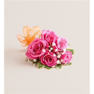 Hot Pink Spray Rose Corsage-Orange Bow