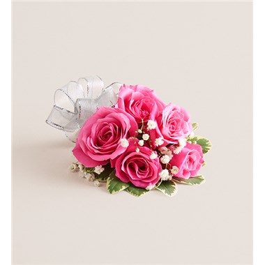 Hot Pink Spray Rose Corsage-Silver Bow